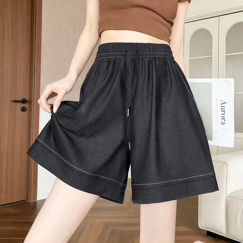 Summer Women's Casual Fashion Drawstring Elastic Waist Shorts Outdoor Wear Slimming Five-Point Pants Wide Leg Pants