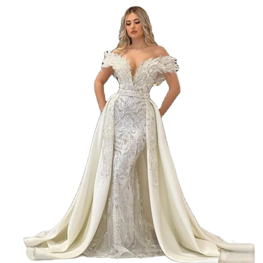 Vestido de novia con cuello en V brillante, vestido de novia de sirena de encaje con lentejuelas brillantes, vestidos de novia con hombros descubiertos personalizados