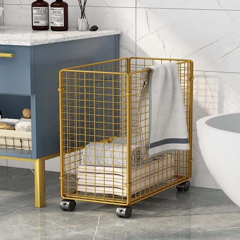 Bathroom Laundry Basket Wheeled Small Trolley Storage Rack Floor to Floor Bathroom Wash Table Jointed Iron Organizer