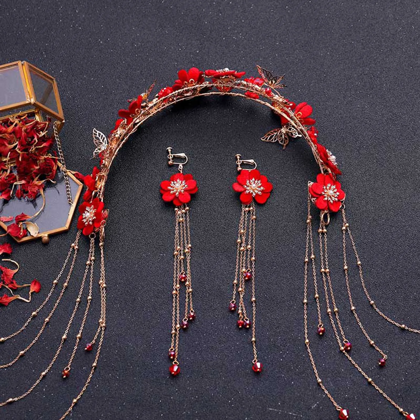

Red Flower Long Tassel Headband Earrings Set Handmade Traditional Gold Color Headwear Bridal Headdress Hair Accessories Gift