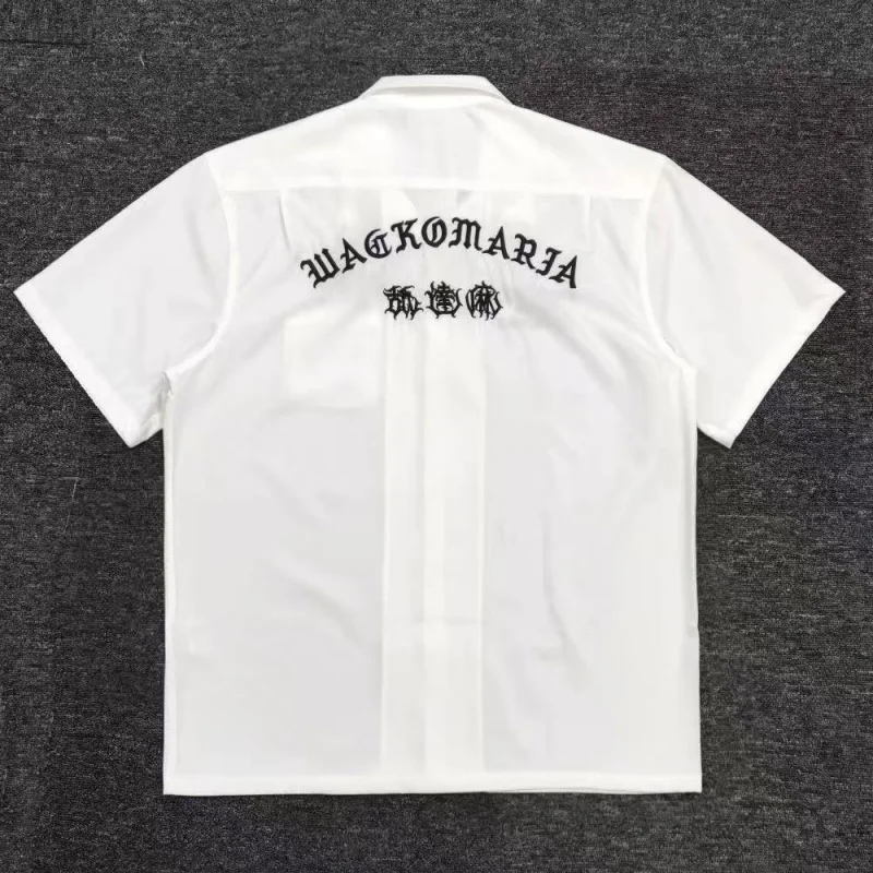 Correct WACKO MARIA Shirt Letters Embroidery White Black Blue Top Summer Mens Womens Hawaii Fashion Shirt