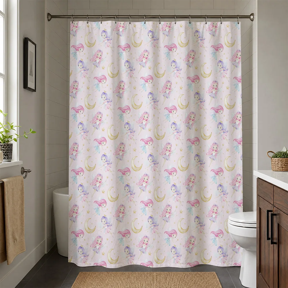 Cute Fairy Princess Shower Curtain Waterproof Bathroom Decor Pink Moon Star Pattern Whimsical Shower Curtain Liner for Home Spa