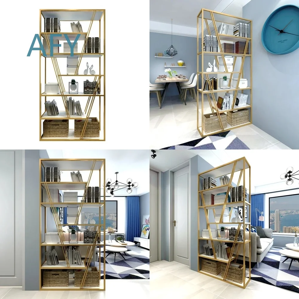 Nordic Gold Partition Storage Screen for Living Room Office Display Rack Floor Standing Modern Room Divider for Home Decor