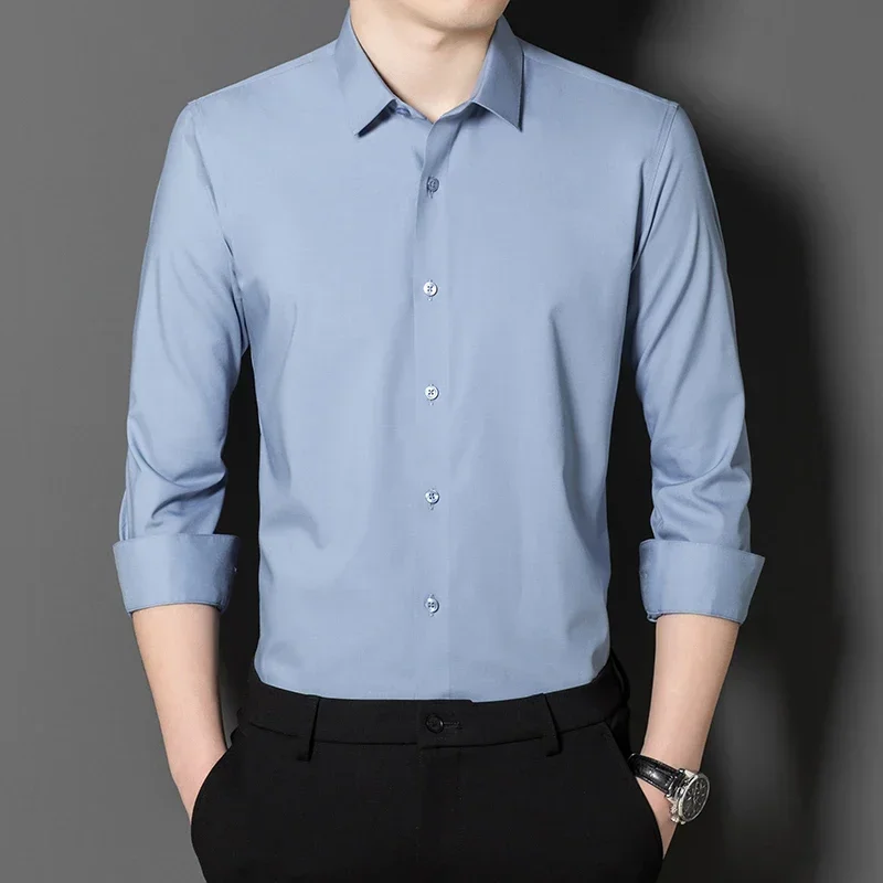 Higth quality silk long sleeve shirts for men slim fit formal shirt elastic anti-wrikle white soft black office designer clothes