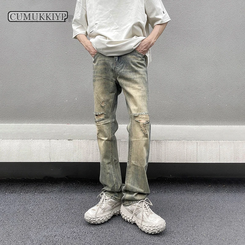 

CUMUKKIYP Y2k Men’s Jeans Fashionable Ripped Streetwear Baggy Wide Leg Denim Pants Cool Water Washed