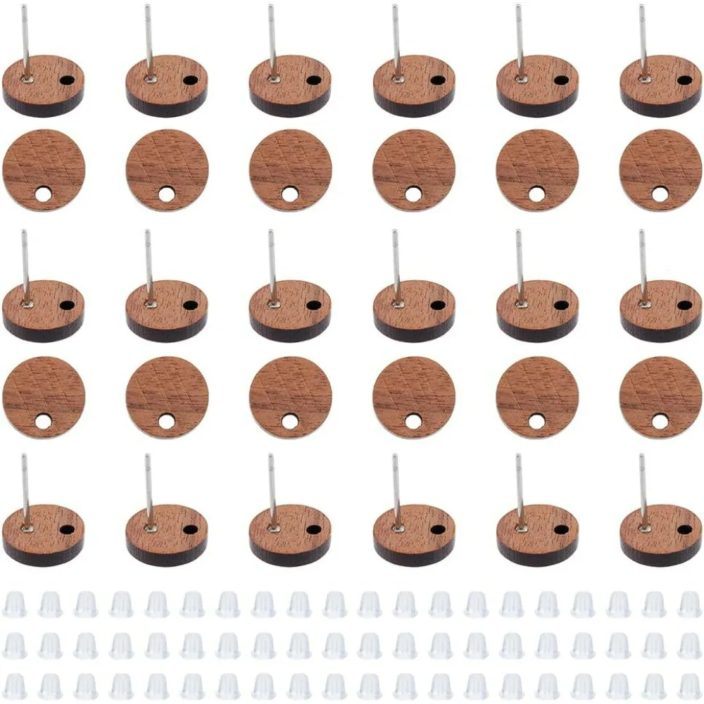 30Pcs Walnut Wood Earring Studs with 304 Stainless Steel Pin and 60Pcs Plastic Ear Nuts Flat Round Earring Posts making kit