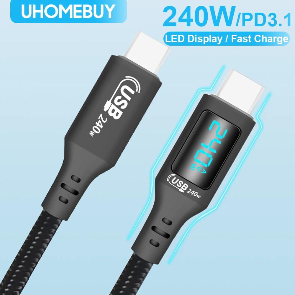 

Кабель UHOMEBUY PD 240 Вт Type C на Type C 5A, шнур для быстрой зарядки и передачи данных со светодиодной подсветкой для Xiaomi, Samsung, Huawei, MacBook, iPad, кабель USBC