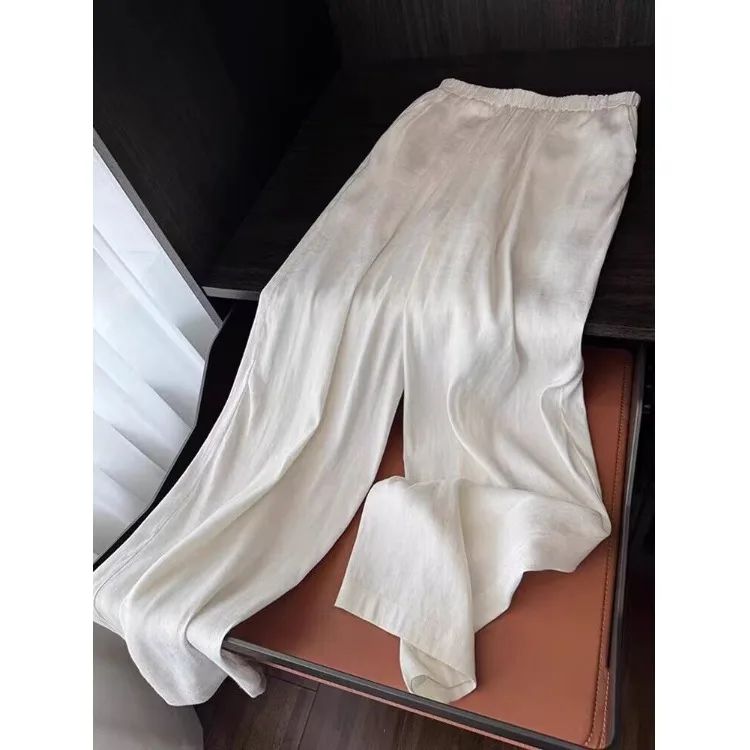 Casual Cotton Linen Wide Leg Pants Women's Spring Summer Thin High End White Linen Pants Elastic Waist Loose Long Pants