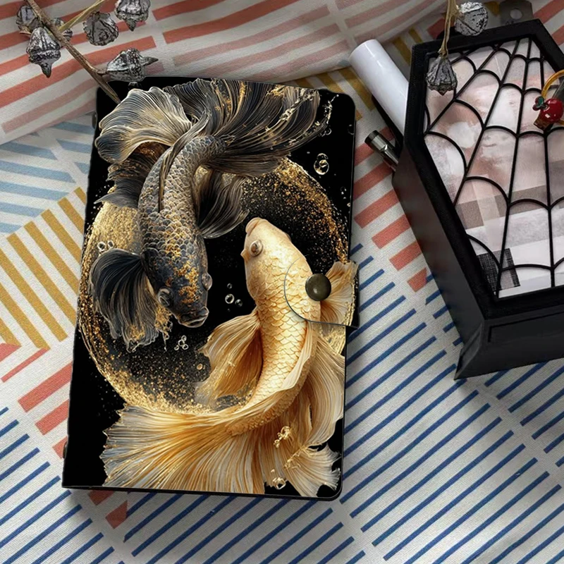 

Elegant Yin Yang Koi Fish Pattern PU Leather A6 Notebook 6 Ring Binder Journal Lucky Fish Art Agenda Diary with Snap Closure Sta