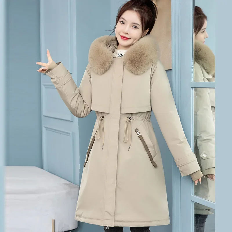 Women's Parka Coat Harajuku Wind New Korean Edition Winter Removable Inner Container Long Fur Collar Women Clothing Winter Khaki