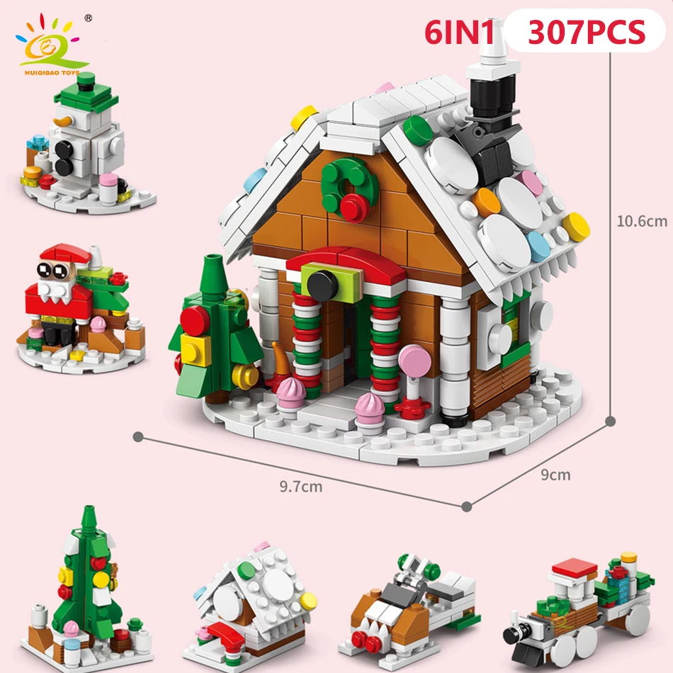 HUIQIBAO 6IN1 Kerst Elanden Herten Kerstman Bouwstenen Stad Sneeuw Huis Kerstboom Bricks Set Speelgoed voor Kinderen Kids Gift