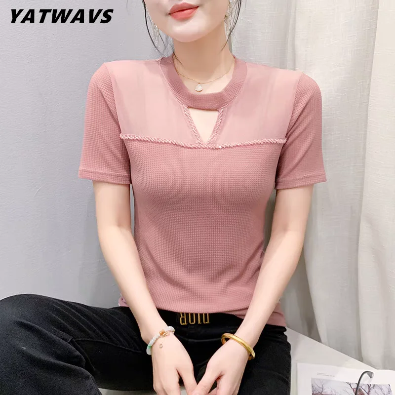 2025 Summer New Streetwear Slim T-shirt Fashion Hollow Out Beading Tees Sexy O-neck Short Sleeve Women's Tops Shirts