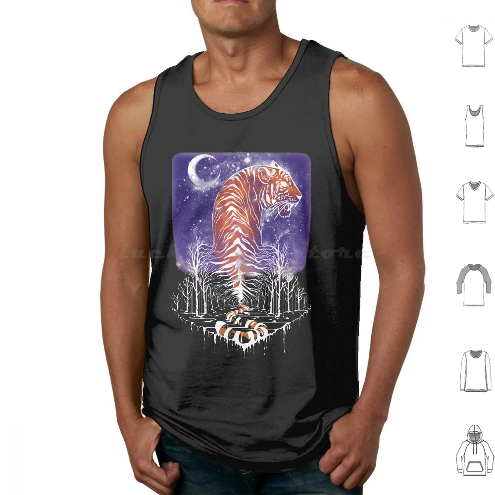 Lord Of The Forest Tank Tops Vest Sleeveless Tiger Forest Galaxy Moon Trees Double Exposure Original Art Cat Big Cat Pretty