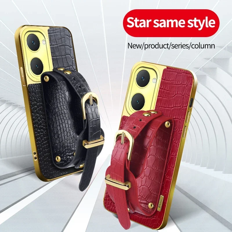 

Wrist Strap Crocodile Leather Silicone Cases for Vivo X80 T3 Lite T4x T2 Pro T3 Ultra 5G Wristband Stand Soft Cover Phone Case