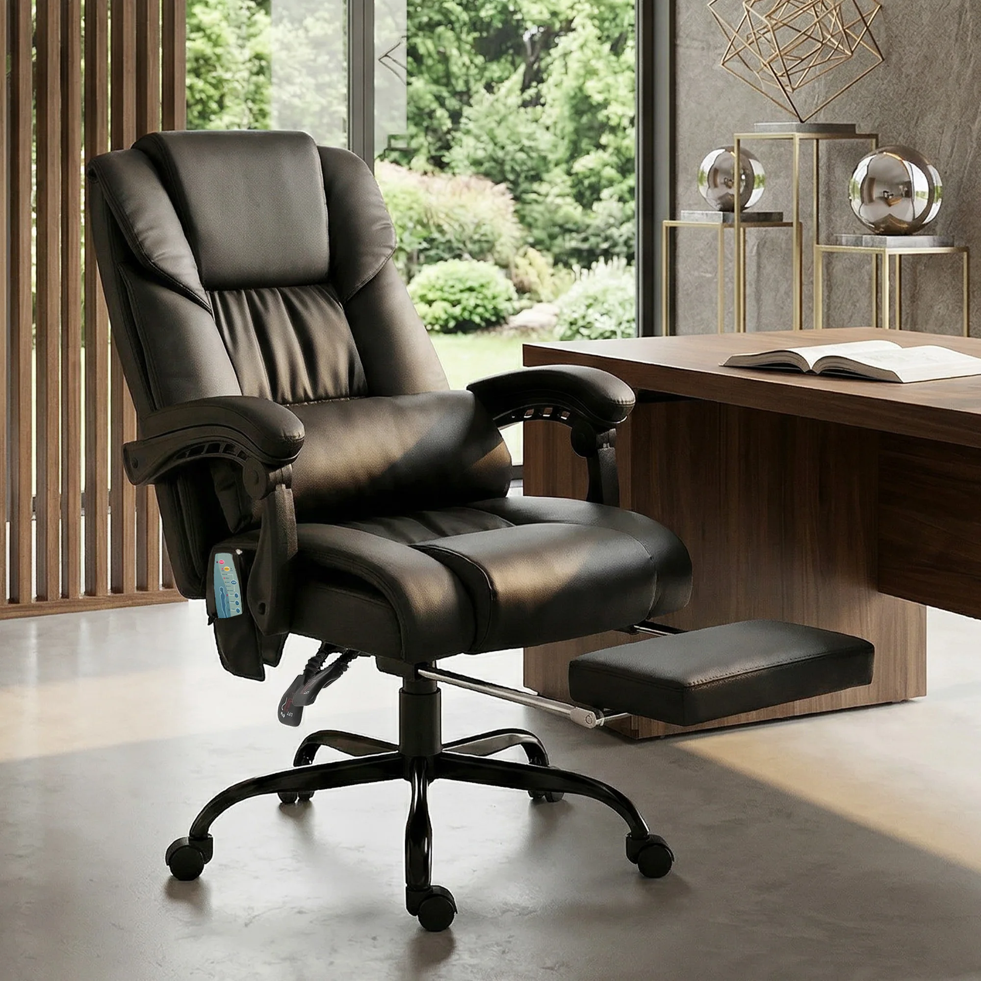 Chaise de bureau ergonomique avec fonction massage, chaise de bureau avec repose-pieds, dossier haut, support lombaire noir