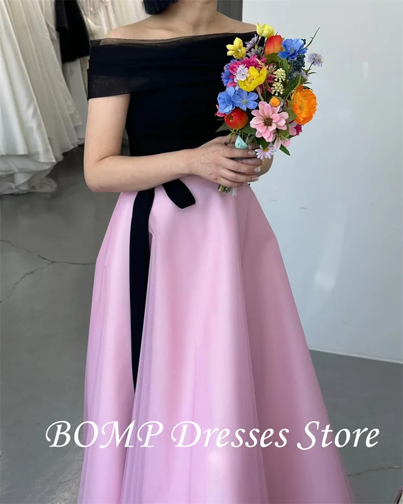 BOMP Simple Pink And Black Evening Dresses With Bolero Tulle Floor length Formal Party Dresss Photo shoot Korea Customized