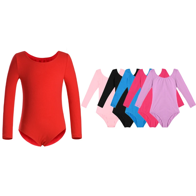 Girls Ballet Dance Leotards Kids Classic Team Basic Red Bodysuits for Team Practice Long Sleeves Dancewear