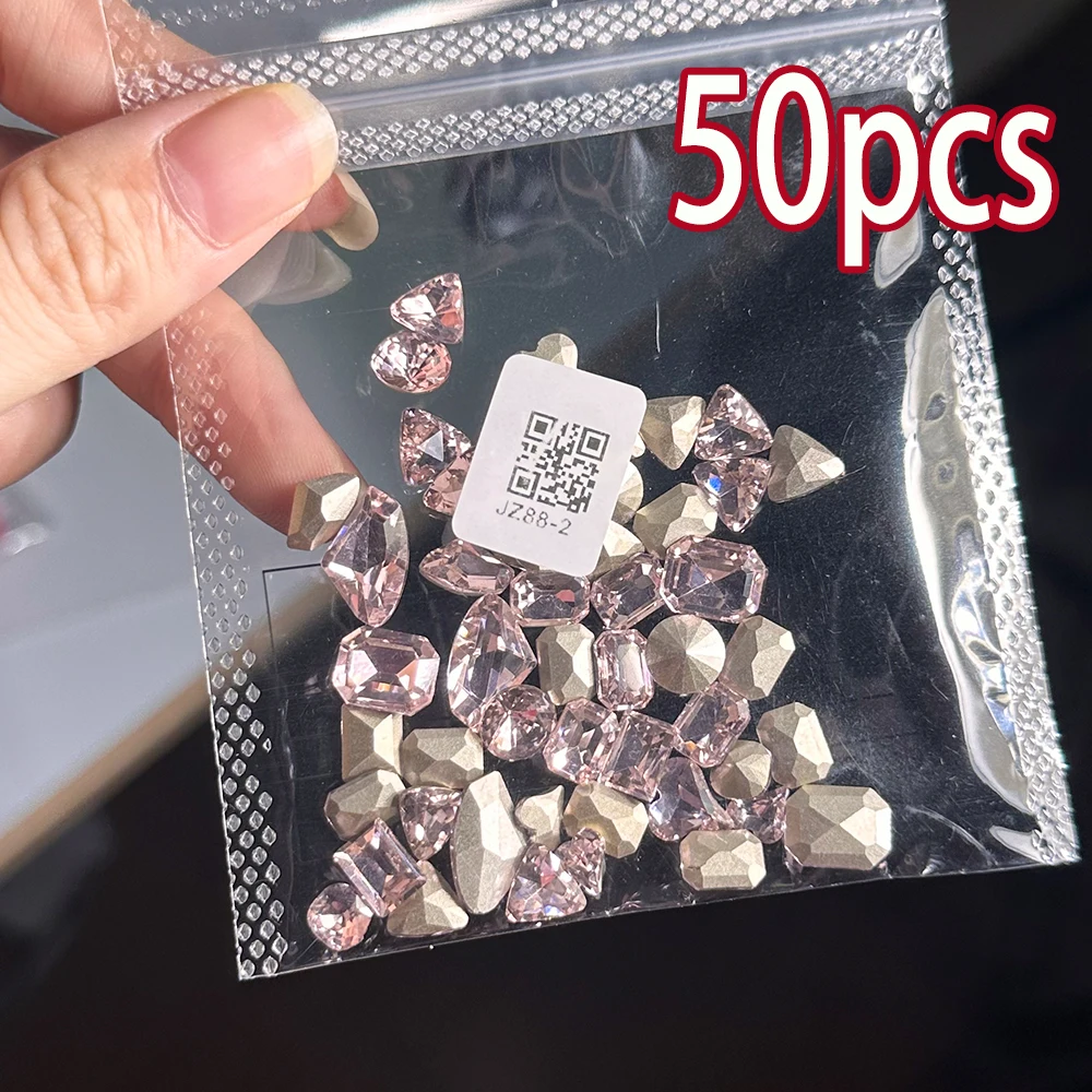 

50Pcs Shiny Pink Crystal Nail Decoration Heart Square Oval Shapes Pointed Bottom Irregular Nail Charms Rhinestones DIY Nail Art