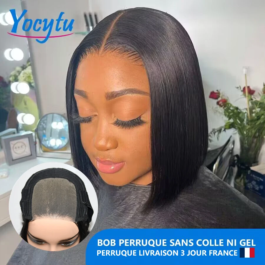 Bob Glueless Wig Human Hair Ready To Wear Short Bob Wig Lace Front Human Hair Wigs 4X4 Transparent lace CLosure Wigs Glueless Preplucked Human Wigs Ready To Go 1-3 Working Days Fast Delivery  For Black Women