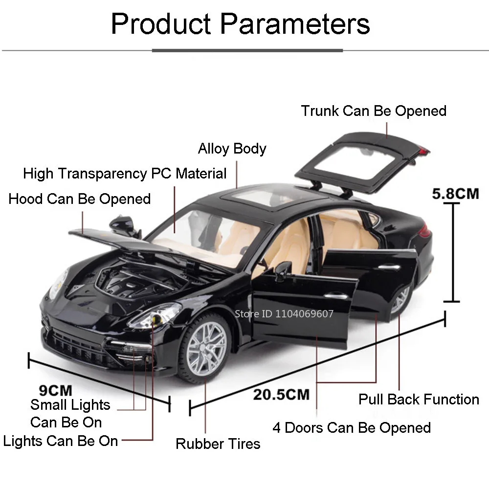 1:24 Panamera Miniature Sports Car Model Toys Alloy Diecast 6 Doors Opened Sound Light Pull Back Supercars Christmas Kids Gifts