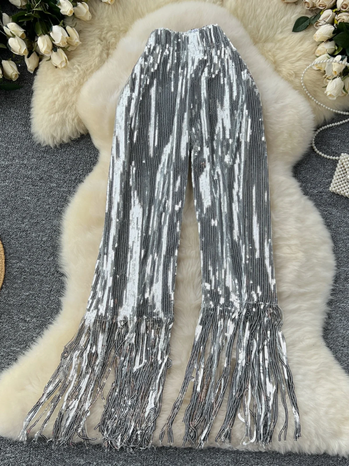 iny Pailletten Hohe Taille Breite Bein Hosen Frauen Sommer Abnehmen Casual Micro Flare Lange Hosen Schwere Quaste Leistung Kleidung