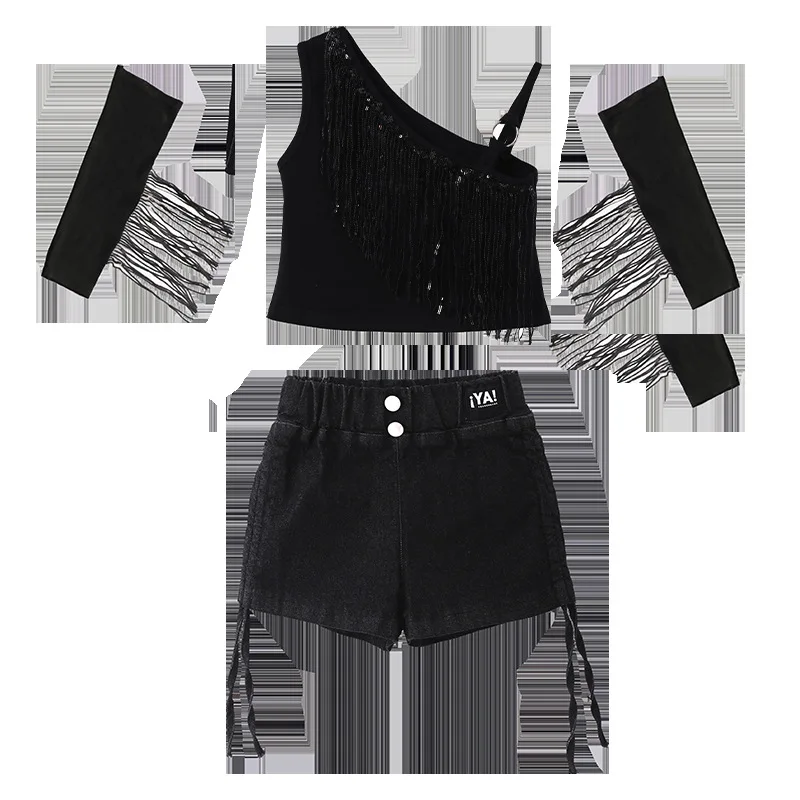 Girls' street dance performance costume girls crop top jazz dance performance trendy catwalk show sequined tassel jazz dance set