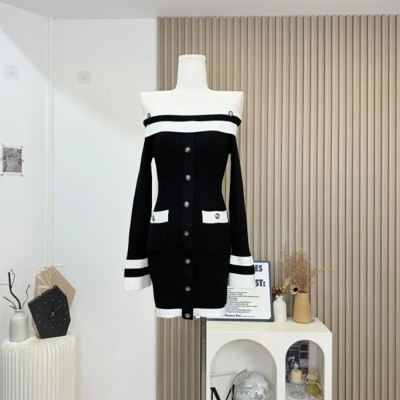 

Autumn New Women Dress French Elegant Slash Neck Off Shoulder Long Sleeve Patchwork High Waist Slim Knitting Short Dresses