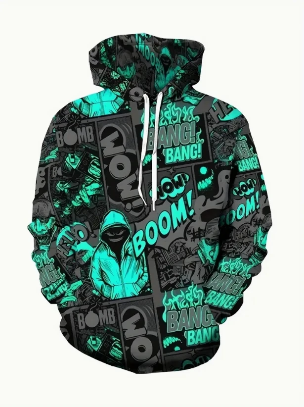 

Men's Large Size 3D Santa Claus DJ Holiday Print Hoodie - Festive Purple & Blue Graphic Pullover with Musical Notes