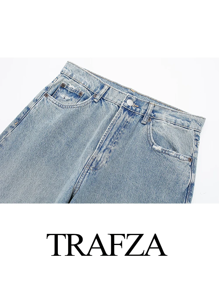 TRAFZA 2024 Women Vintage Solid Denim Pants High Waist Loose Female Patchwork Distressed Ripped Jeans Long Trousers Streetwear