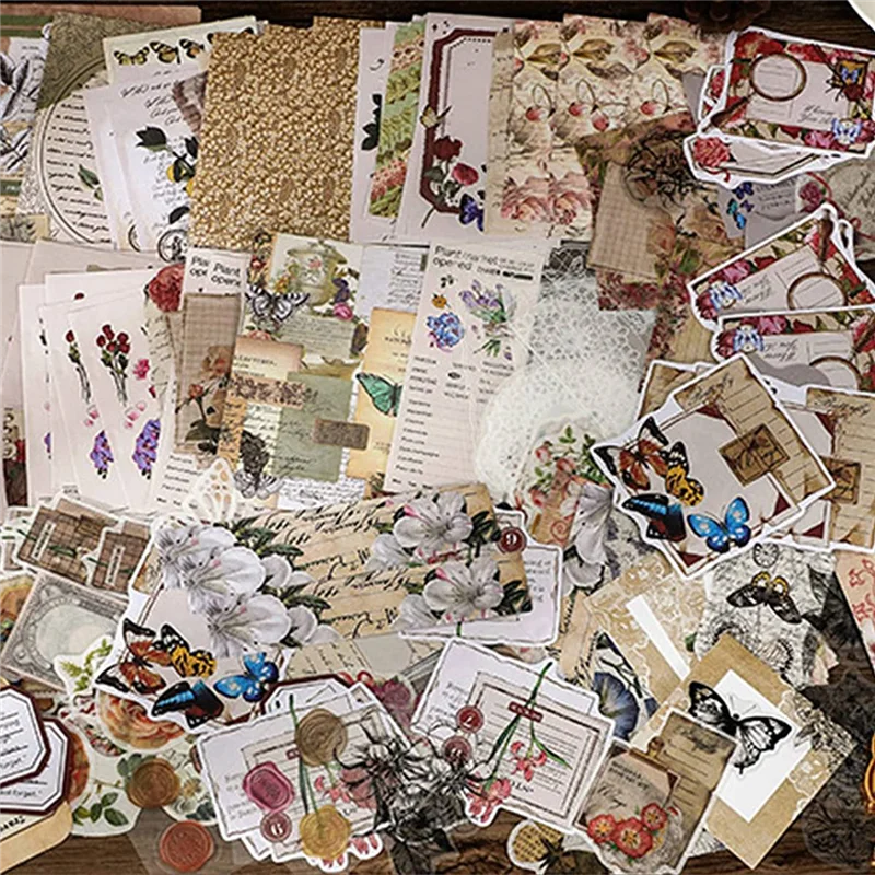 แพ็คสติกเกอร์สมุดภาพแนววินเทจ260ชิ้นชุดสติกเกอร์วารสารแบบ DIY ย้อนยุค kertas aksesoris สมุดภาพดอกไม้