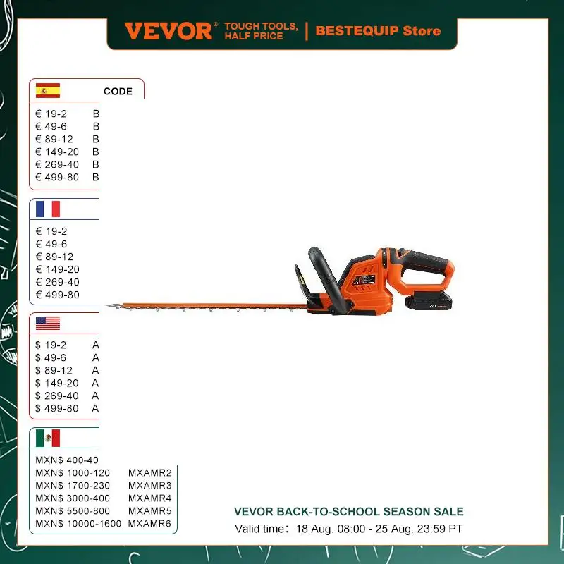 

VEVOR 20V Cordless Hedge Trimmer 18 inch Double-edged Steel Blade Hedge Trimmer Kit 20V Battery Charger and Blade Cover Included