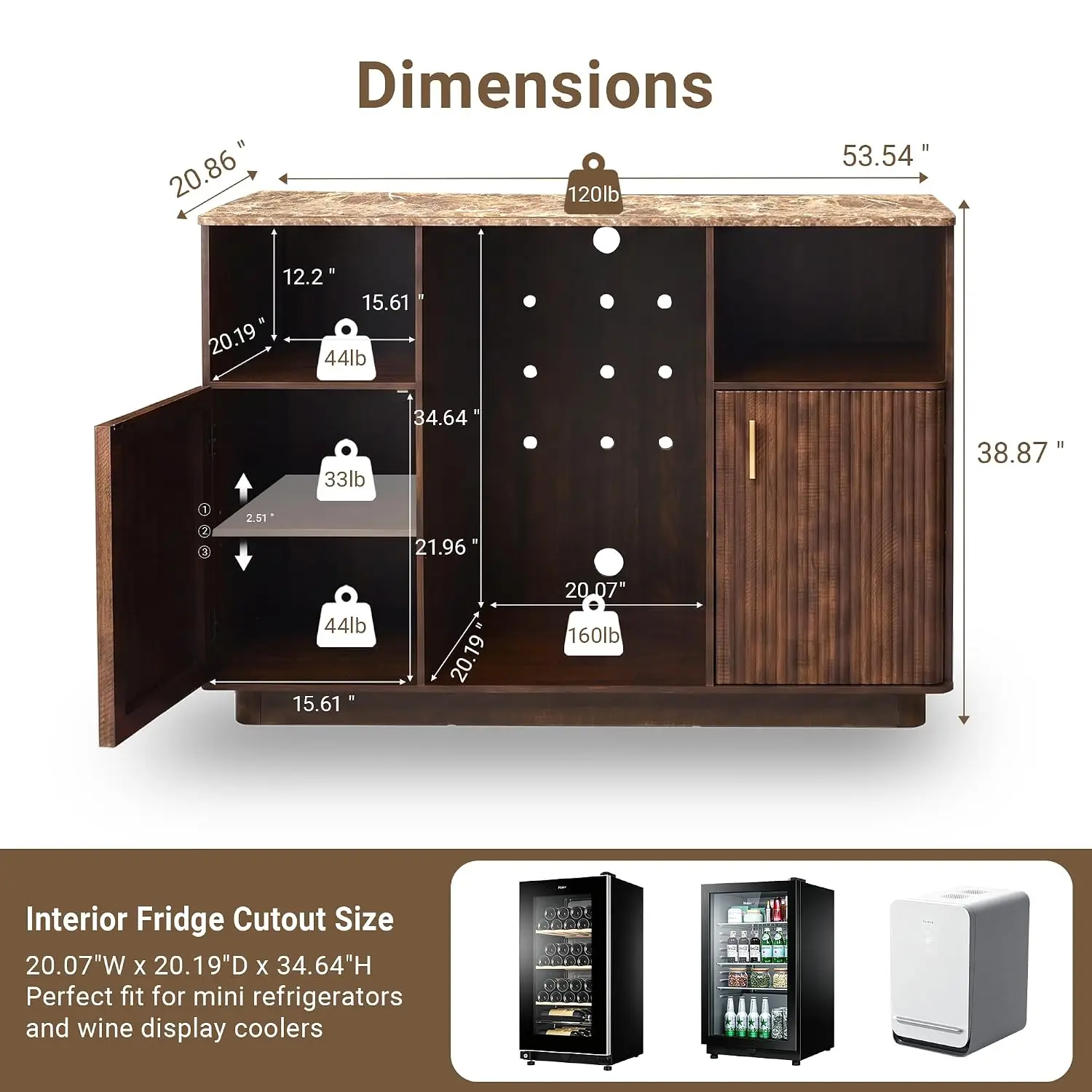 53.5'' Coffee Bar Cabinet with Mini Fridge Space, Fluted Sideboard, Power Outlet, Stemware Rack, Adjustable Shelves, Customized