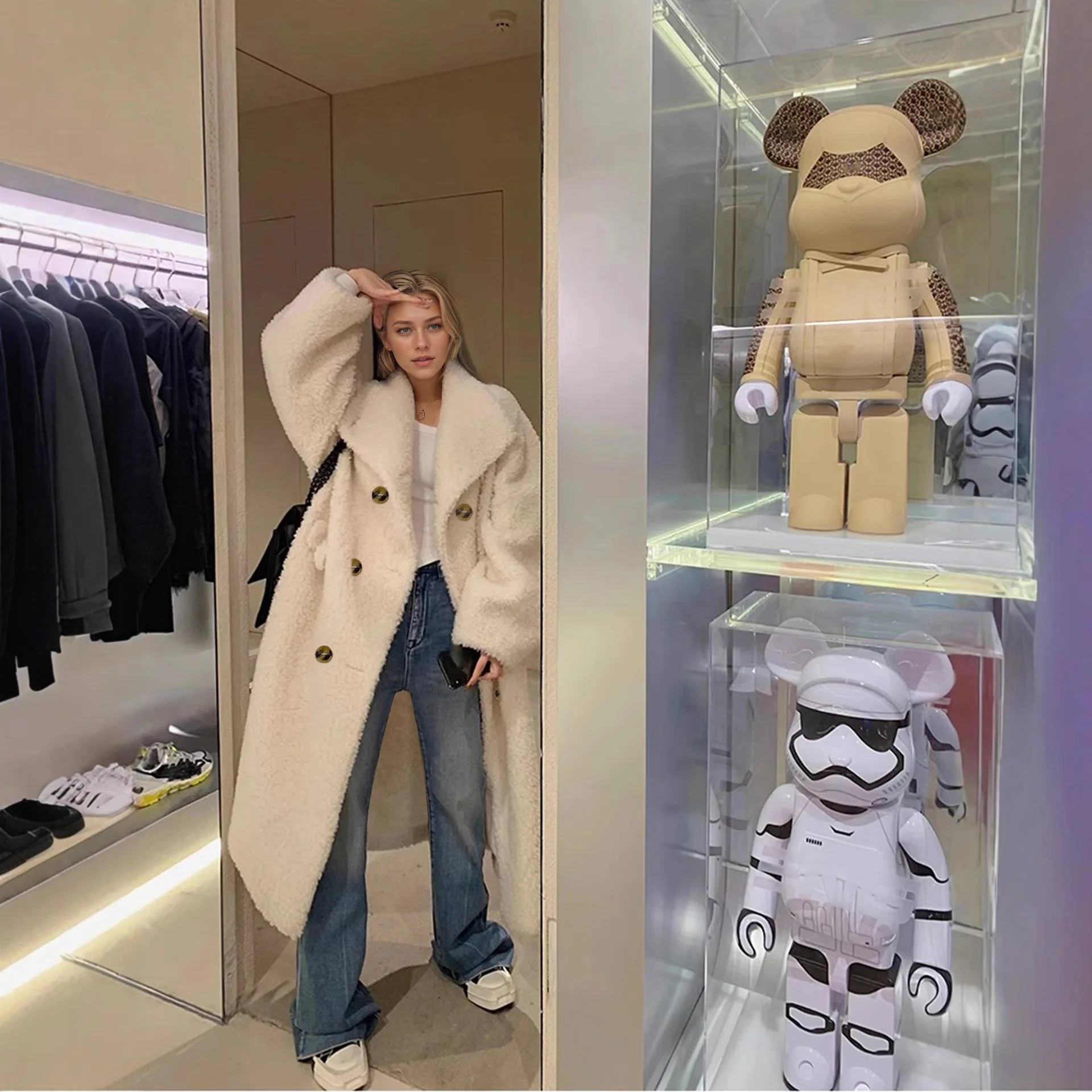 plus Size Mid-Length Lamb Fur Jacket Thickened Black Loose Coat Korean Style Commute High Waist Polyester Fiber Long Sleeve