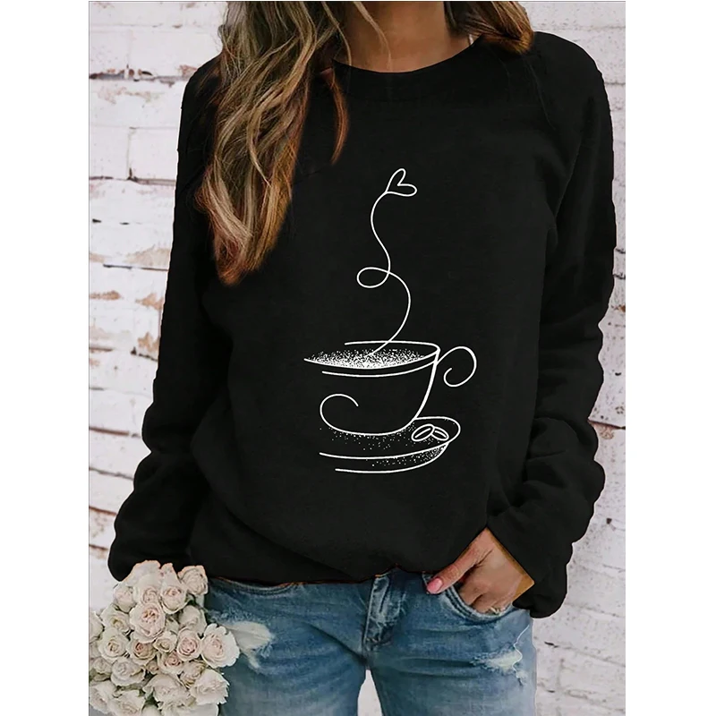 

Женская футболка с круглым вырезом и длинным рукавом с принтом, кофейные повседневные простые футболки, топы, всесезонная футболка с графическим рисунком, модная футболка, одежда