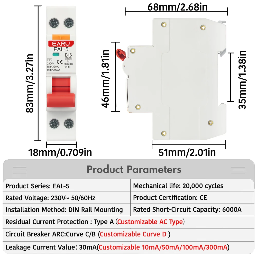RCBO نوع A قطاع دارة أوتوماتيكي متبقي 1P + N 2P 6A 10A 16A 20A 32A 40A منحنى C/B حماية التسرب الحالي 30mA
