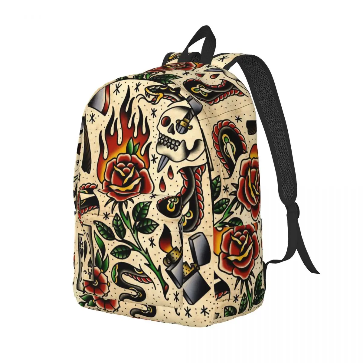 American Traditional Flash Pattern Tattoo Student Backpack School Bag Hiking Travel Daypack for Men Women Bookbag Shoulder Bags