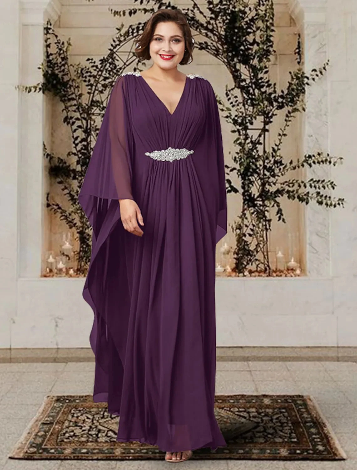 Grape A-line Mother of the Bride Dress Plus Size Elegant V Neck Floor Length Long Sleeve Chiffon Women Guest Formal Gowns