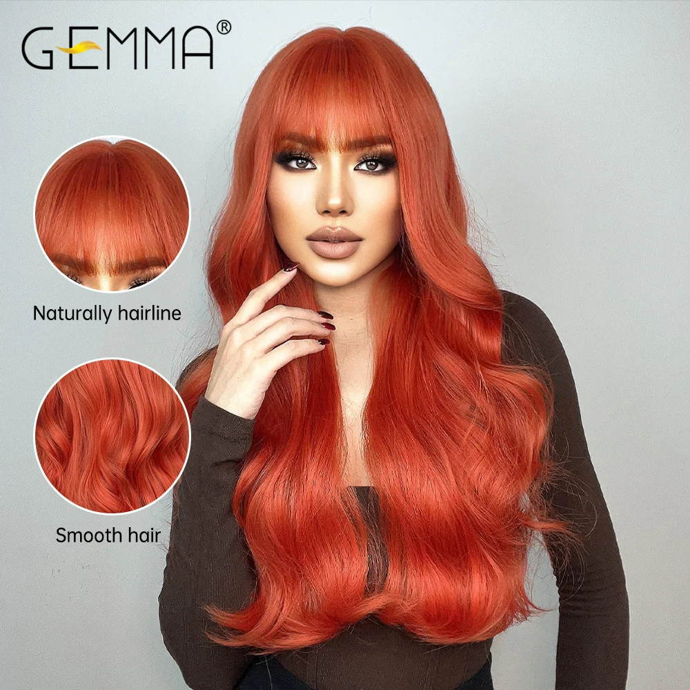 GEMMA-Peluca de cabello sintético para mujer, cabellera artificial de fibra resistente al calor, color rojo largo ondulado, Natural, para Cosplay diario, con flequillo