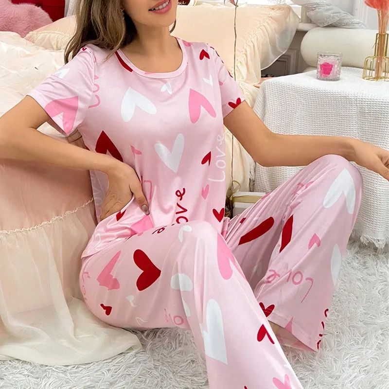 Cute Printed Pajama Set For Women Round Neck Short Sleeve Top Long Pants Occident Style Loose Comfortable Retro Loungewear