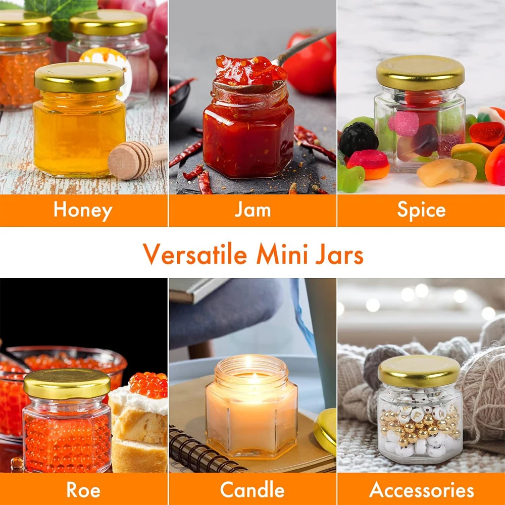 12pack 1.5oz Hexagon Glass Mini Honey Jars with Dipper Party Wedding Baby Shower Favors for Guests Candy Jars with Stickers