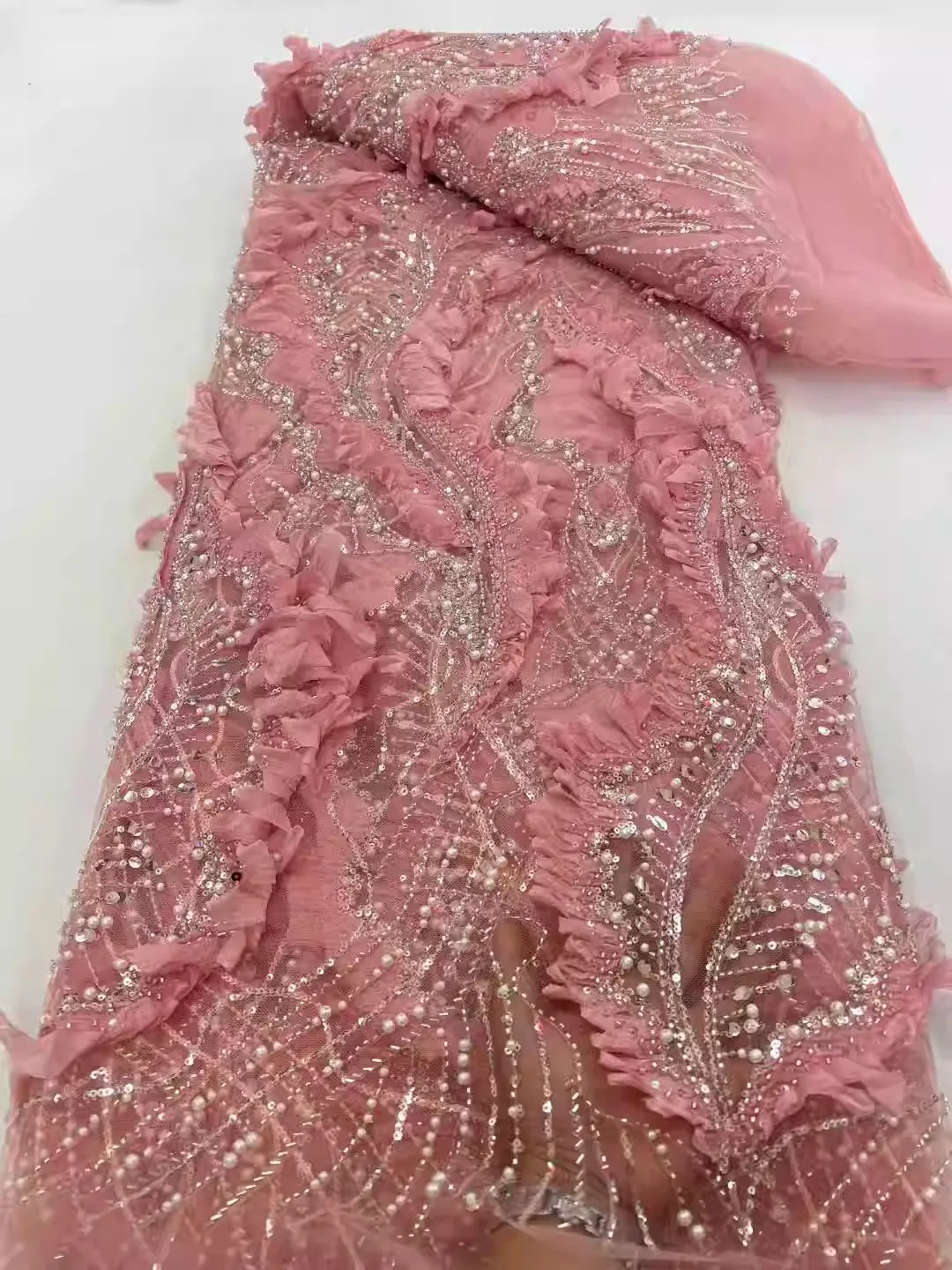 

5yard New soft mesh fabric Pearl tube sequin flower embroidery telas Wedding Dress cheongsam diy fabrics for patchwork