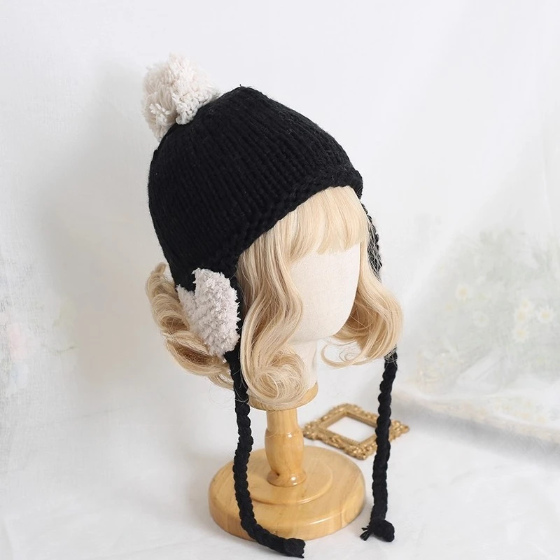 Outono e inverno macio menina doce e bonito coração proteção de orelha chapéu de malha grossa rosto destacando pequeno chapéu de lã