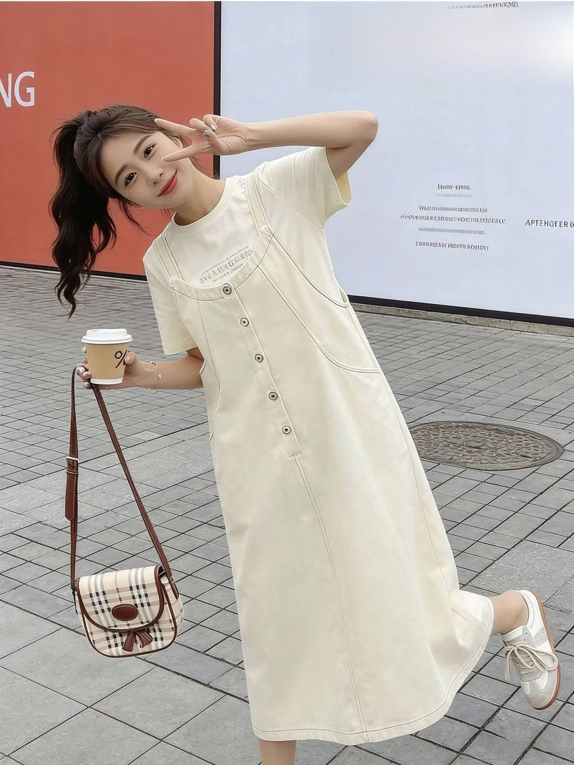 plus Size 300 Pounds Fat MM Yellowish White Workwear Overalls Women's Korean Style Slimming Short Sleeve T-Shirt Two-Piece Se...