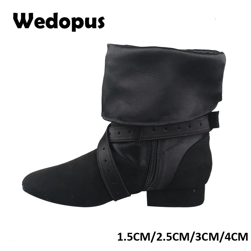 

Wedopus Customized Heel Black Satin and Velvet Line Dance Shoes Boots Suede Soled Western Style Line Dancing Boots with Zipper