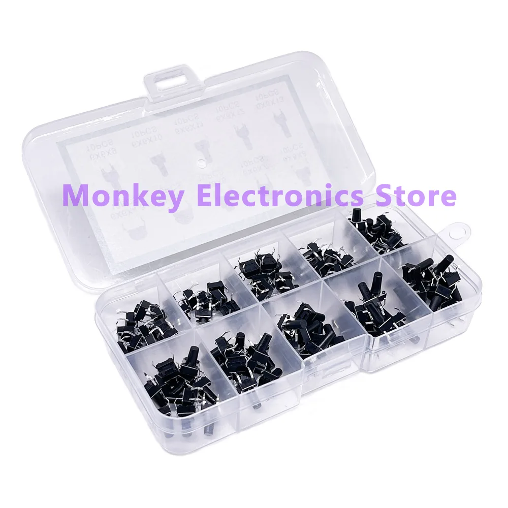 100/180/200pcs 10Models 6X6 Tact Switch Tactile Push Button Switch Kit Height 4.3 5~13MM DIP 4P Micro Switch7*7*14 Self-lockin
