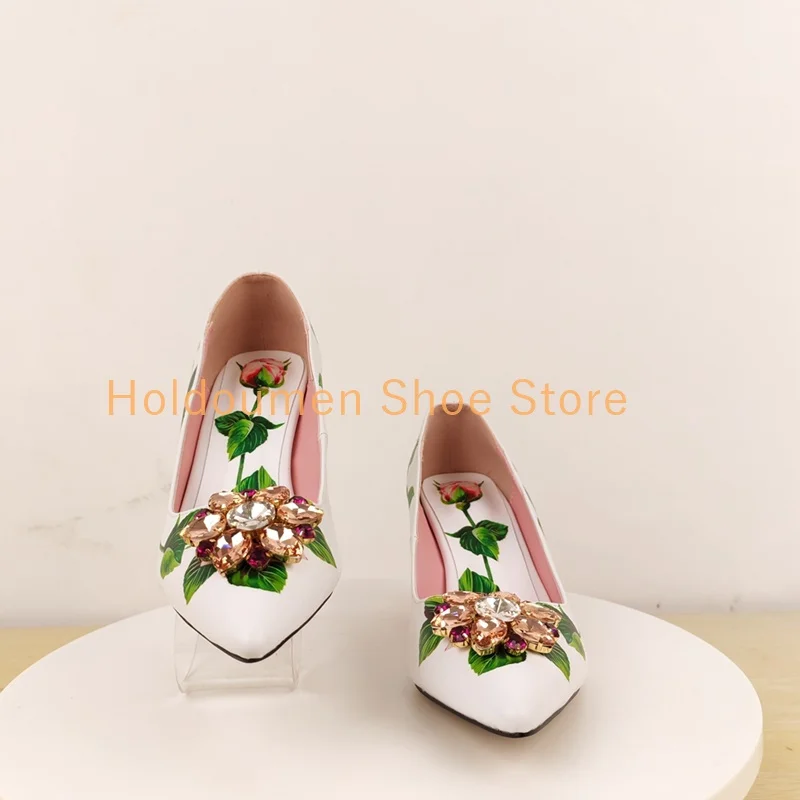 Rose Flower Print Women's Summer Pastoral Style Pumps Wrapped Pointed Toe Exquisite Flower-Shaped Rhinestone Decor Stilettos