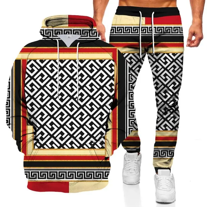 Autumn Men's Tracksuits Fashionable Hoodie Sports Suit 3D Geometric Graphic Printed Casual Loose Long Sleeve Pants Set 2 Pieces