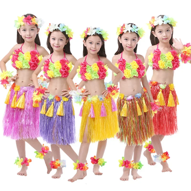 Girls Boy Teens Hawaiian Cosplay Costumes Set Bra Grass Hula Skirt Necklace Flower Leis Anklets Bracelets Headband 40cm