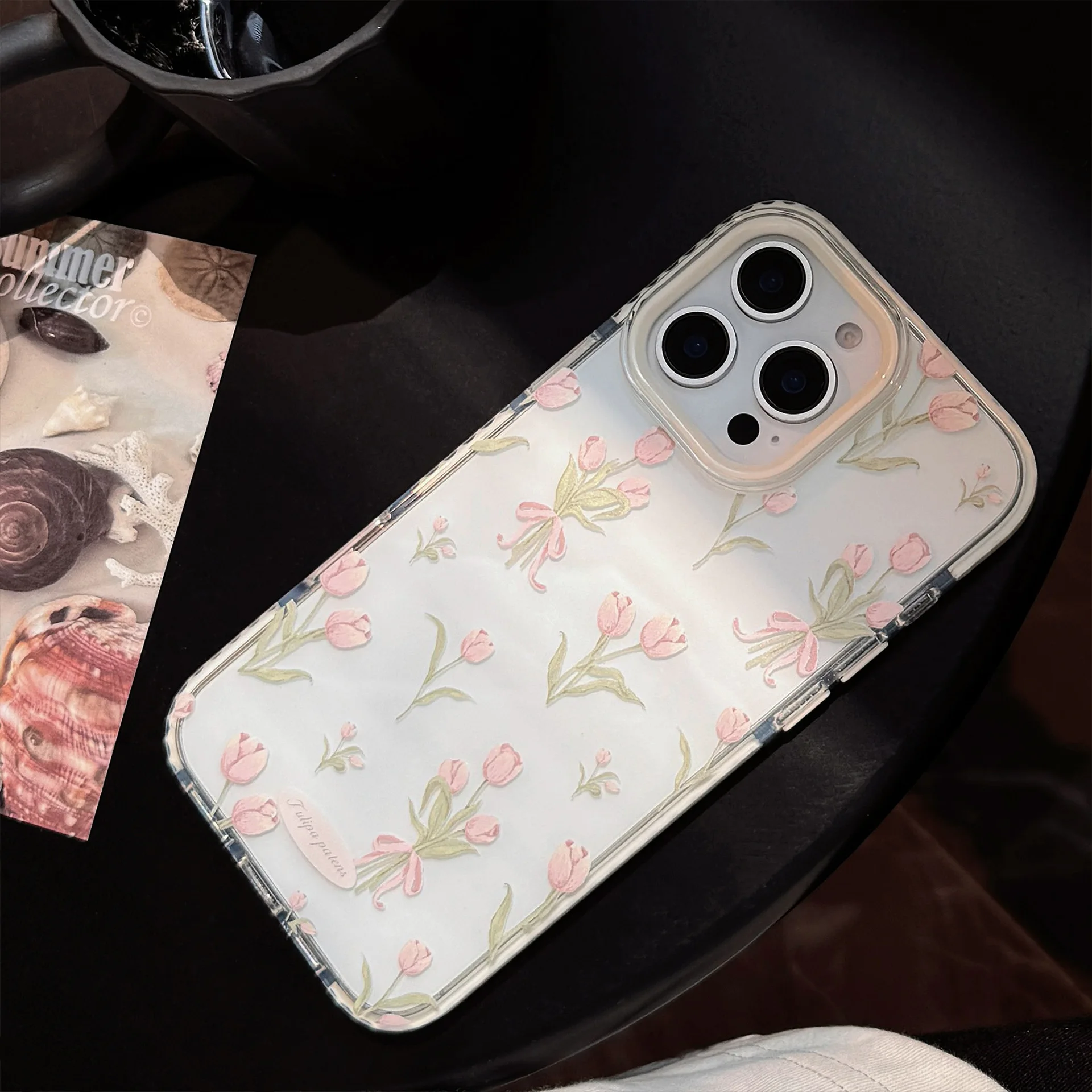 Korean Full Screen Pink Tulip Flowers Phone Case for iPhone 17 16 15 14 13 12 Pro Max Transparent Shockproof Protective Cover view 5