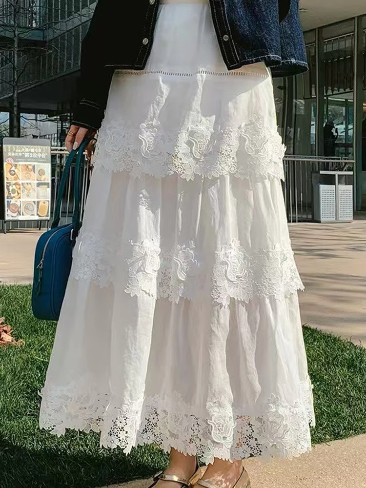 

French heavy industry lace hook flower white skirt for women 2025 new design A-line skirt spring and summer cake long skirt